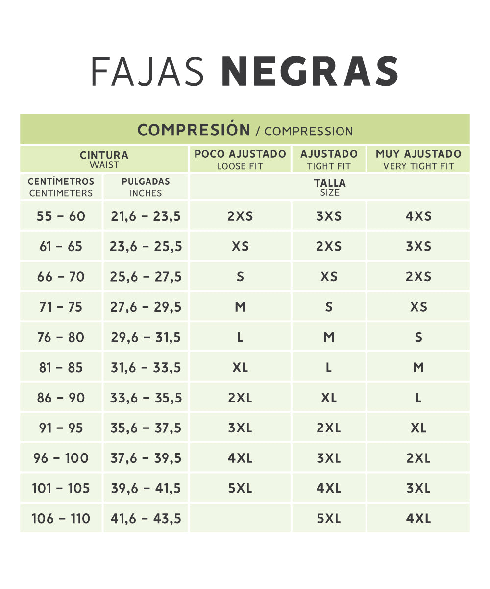 tabla de tallas fajas negras